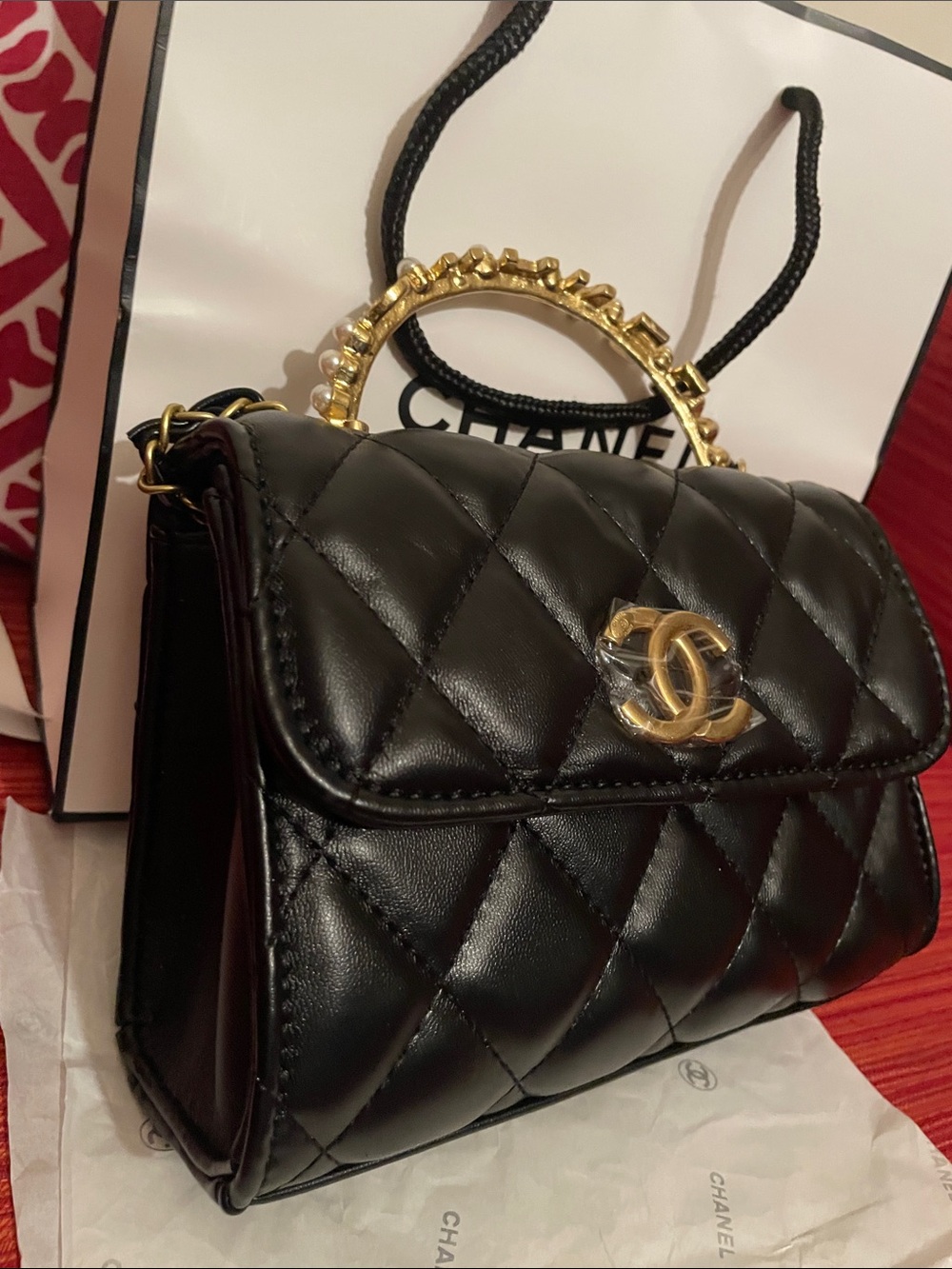 Beaute VIP Black Quilted Mini Top-Handle Bag with Gold Hardware - Picture 16 of 17